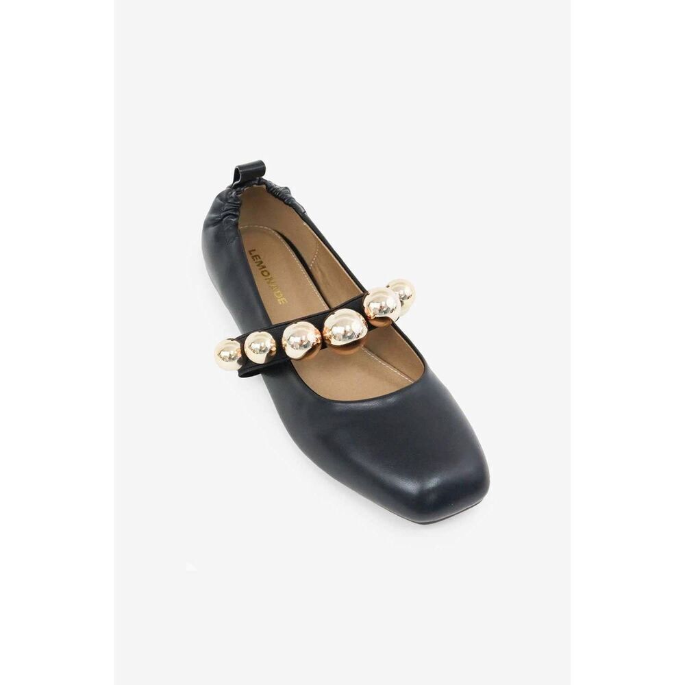 The Colleen- Ballet Flat with Gold Ball Details in Black